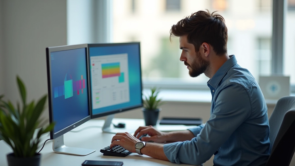 Designer revisando padrões de acessibilidade WCAG em um monitor, com ferramentas de teste de contraste visíveis na tela