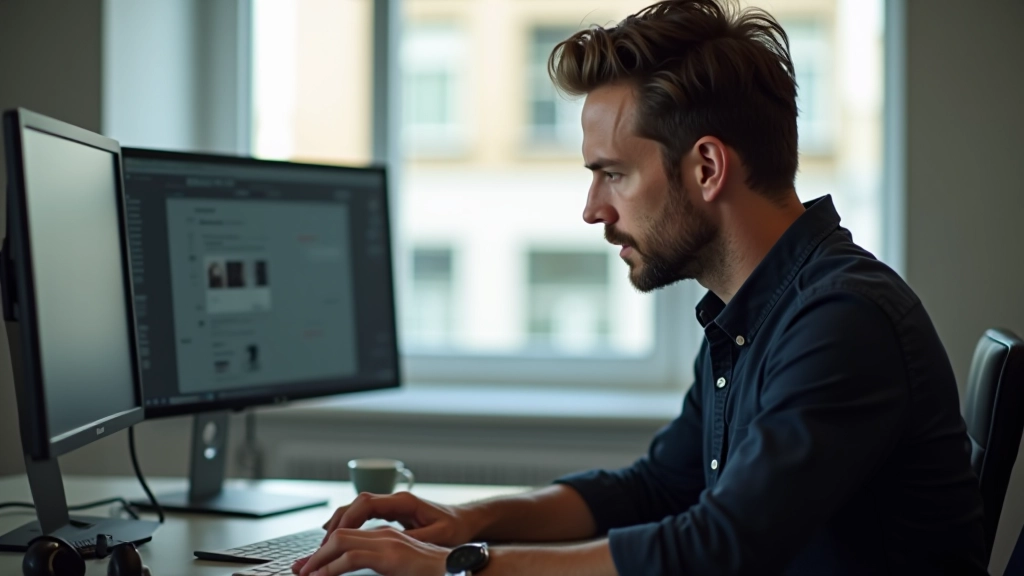 Designer a trabalhar em paleta de gradientes numa estação de trabalho moderna com múltiplos monitores