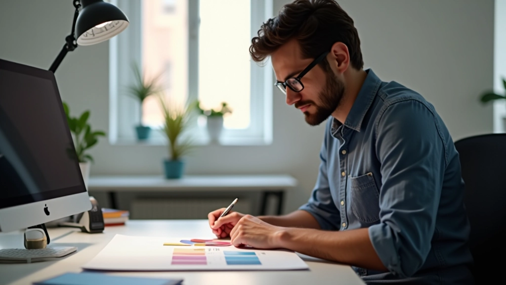 Espaço de trabalho de designer com paletas de cores e amostras